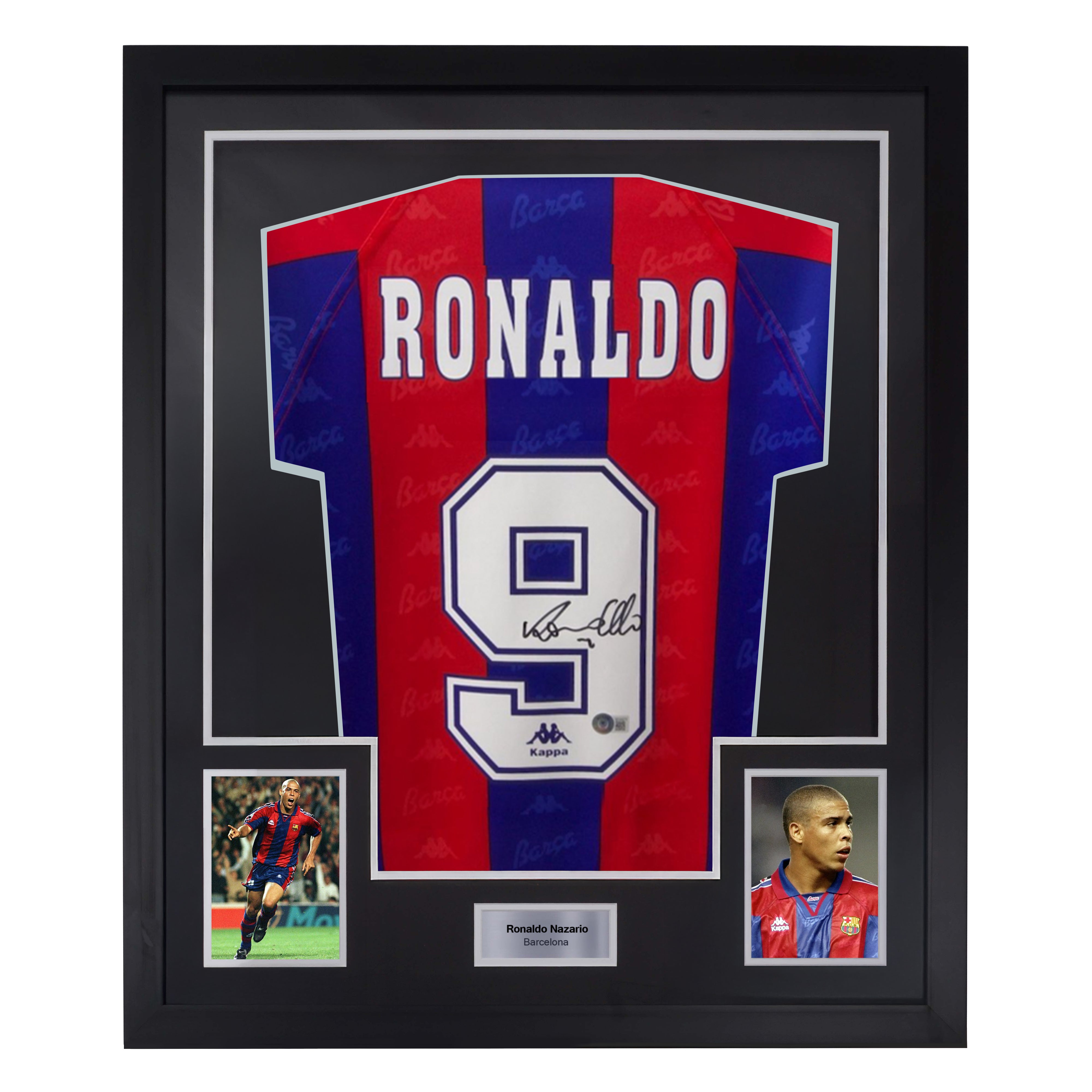 Framed Ronaldo Nazario Signed FC Barcelona Home Soccer Jersey #9 with Beckett COA